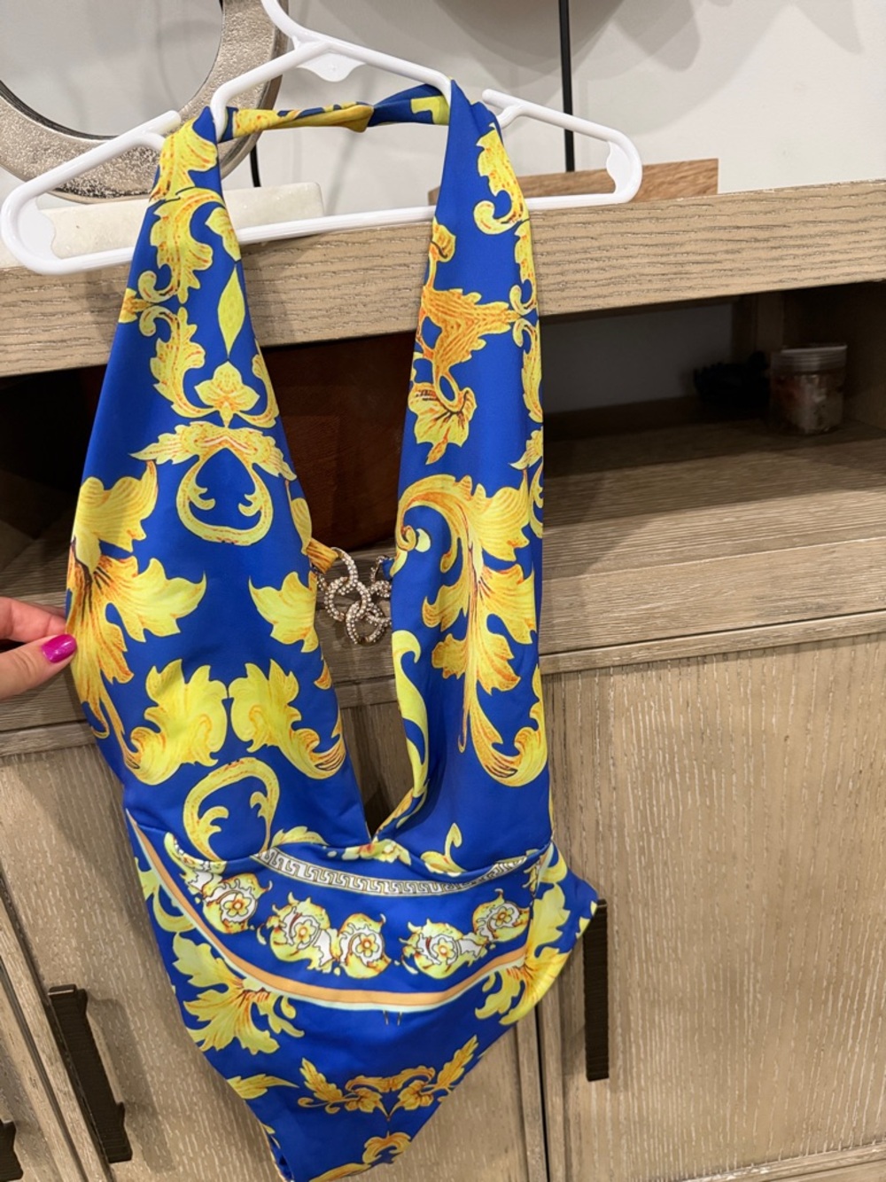 Blue & Yellow Baroque Halter swimsuit with matching coverup